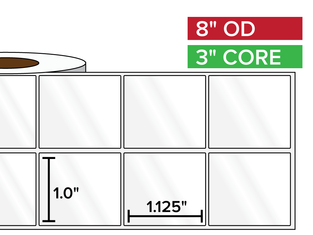 Rectangular Labels, High Gloss BOPP (poly) | 1 x 1.125 inches, 2-UP | 3 in. core, 8 in. outside diameter