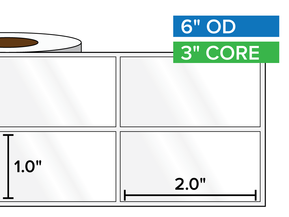 Rectangular Labels, High Gloss BOPP (poly) | 1 x 2 inches, 2-UP | 3 in. core, 6 in. outside diameter