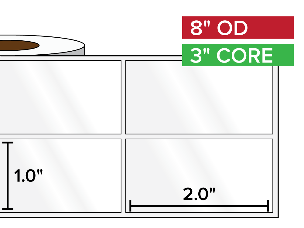 Rectangular Labels, High Gloss BOPP (poly) | 1 x 2 inches, 2-UP | 3 in. core, 8 in. outside diameter