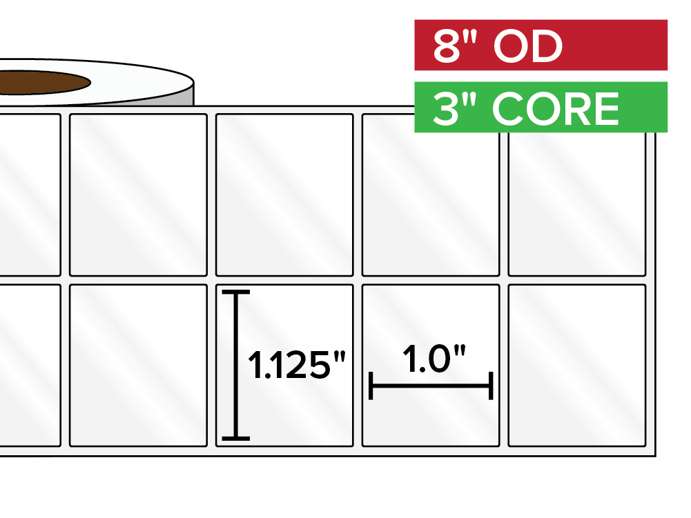 Rectangular Labels, High Gloss BOPP (poly) | 1.125 x 1 inches, 2-UP | 3 in. core, 8 in. outside diameter