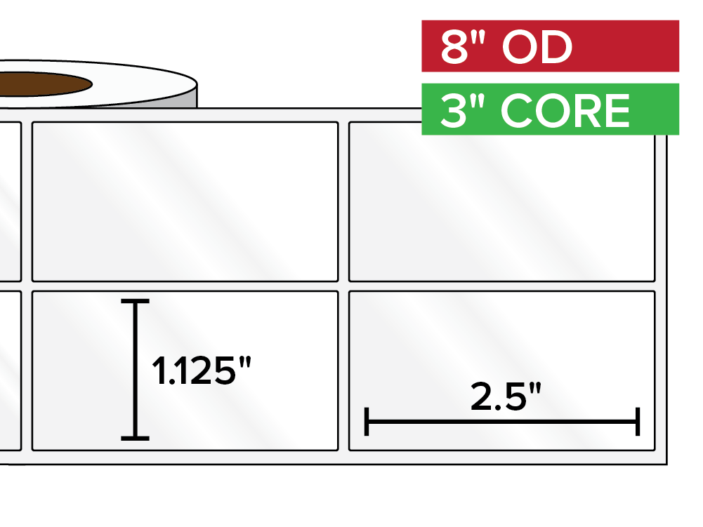 Rectangular Labels, High Gloss BOPP (poly) | 1.125 x 2.5 inches, 2-UP | 3 in. core, 8 in. outside diameter