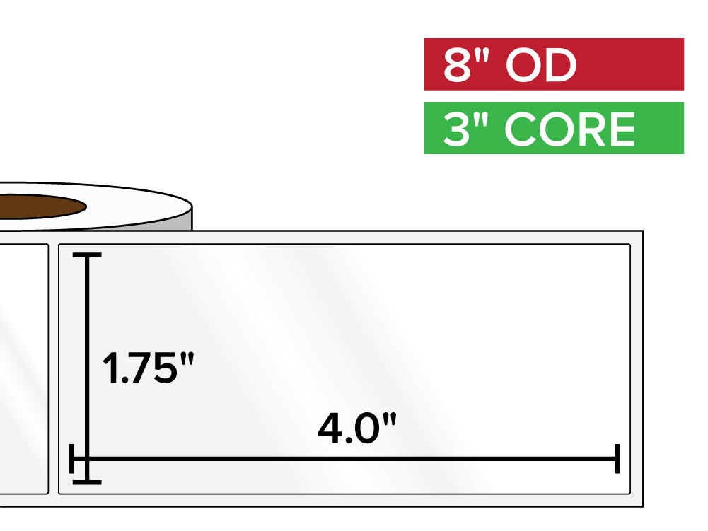 Rectangular Labels, High Gloss BOPP (poly) | 1.75 x 4 inches | 3 in. core, 8 in. outside diameter