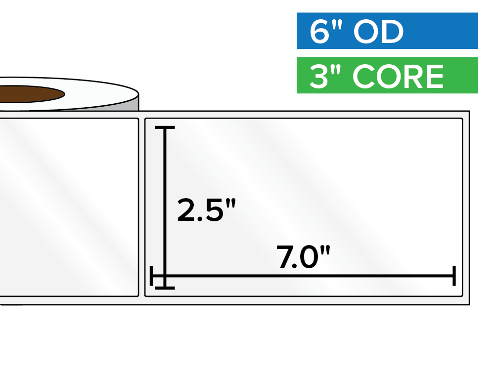 Rectangular Labels, High Gloss BOPP (poly) | 2.5 x 7 inches | 3 in. core, 6 in. outside diameter