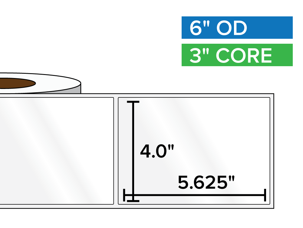 Rectangular Labels, High Gloss BOPP (poly) | 4 x 5.625 inches | 3 in. core, 6 in. outside diameter