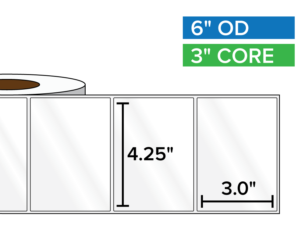 Rectangular Labels, High Gloss BOPP (poly) | 4.25 x 3 inches | 3 in. core, 6 in. outside diameter