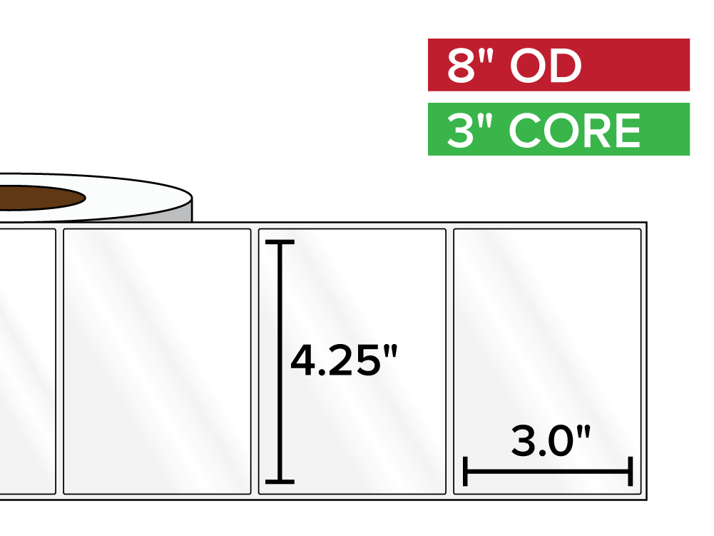 Rectangular Labels, High Gloss BOPP (poly) | 4.25 x 3 inches | 3 in. core, 8 in. outside diameter