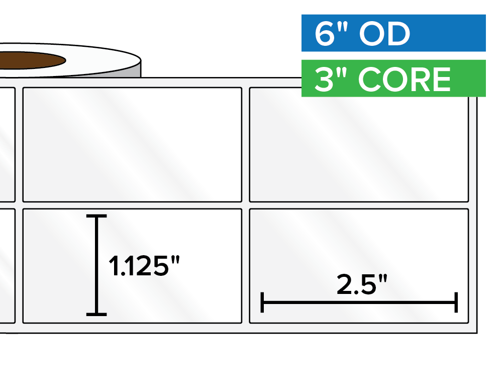 Rectangular Labels, High Gloss White Paper | 1.125 x 2.5 inches, 2-UP | 3 in. core, 6 in. outside diameter