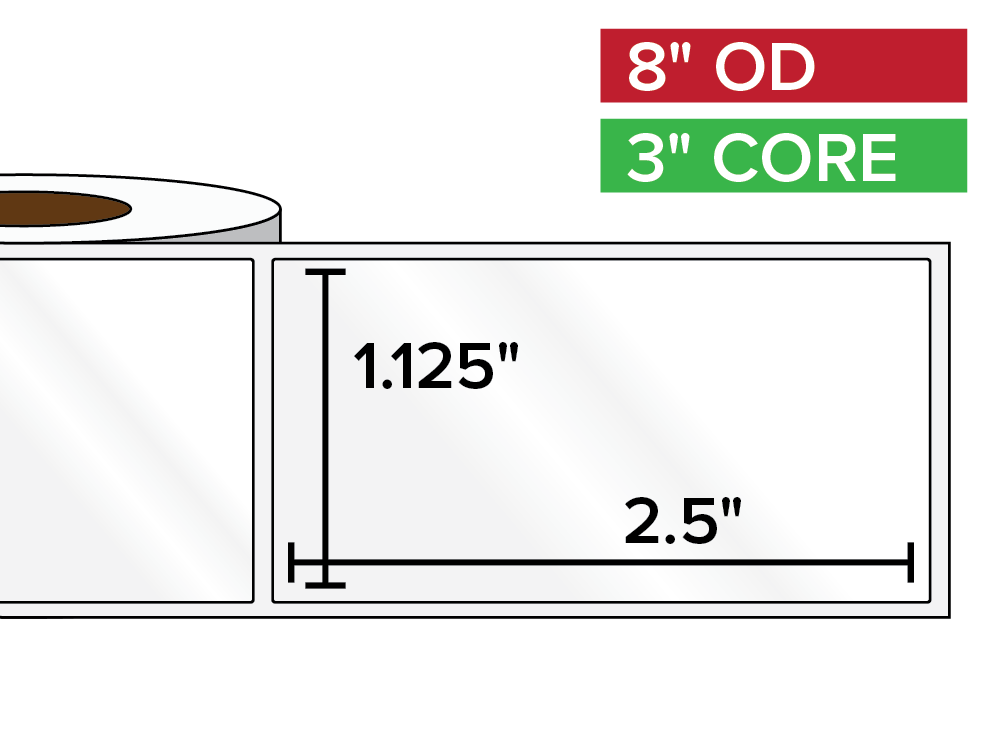 Rectangular Labels, High Gloss White Paper | 1.125 x 2.5 inches | 3 in. core, 8 in. outside diameter