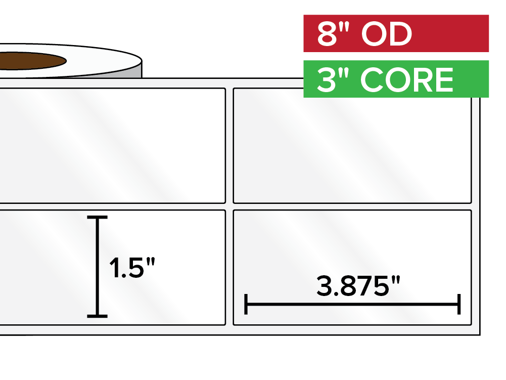Rectangular Labels, High Gloss White Paper | 1.5 x 3.875 inches, 2-UP | 3 in. core, 8 in. outside diameter