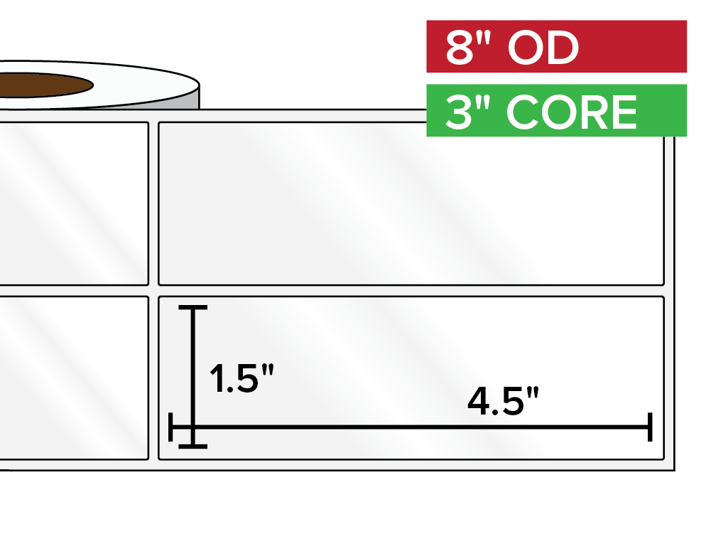 Rectangular Labels, High Gloss White Paper | 1.5 x 4.5 inches, 2-UP | 3 in. core, 8 in. outside diameter