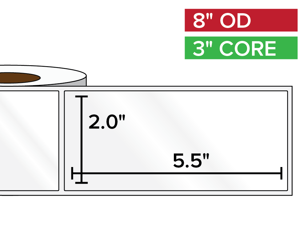 Rectangular Labels, High Gloss White Paper | 2 x 5.5 inches | 3 in. core, 8 in. outside diameter