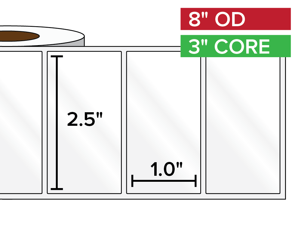 Rectangular Labels, High Gloss White Paper | 2.5 x 1 inches | 3 in. core, 8 in. outside diameter