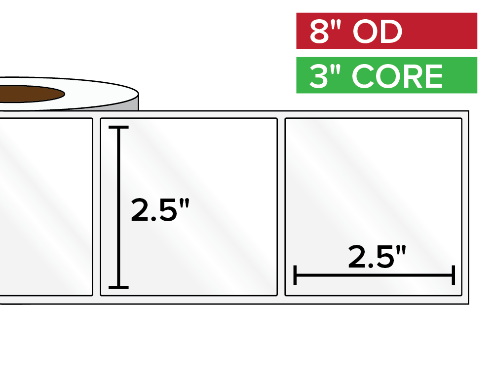 Rectangular Labels, High Gloss White Paper | 2.5 x 2.5 inches | 3 in. core, 8 in. outside diameter
