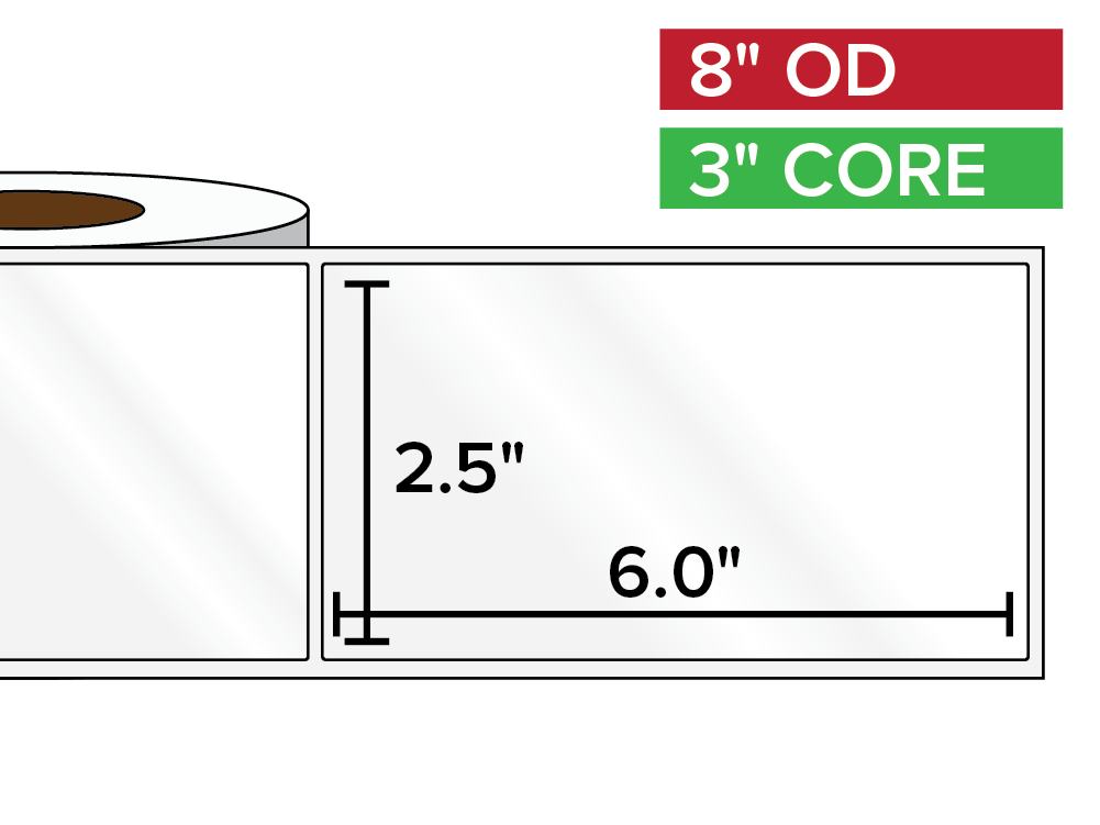 Rectangular Labels, High Gloss White Paper | 2.5 x 6 inches | 3 in. core, 8 in. outside diameter