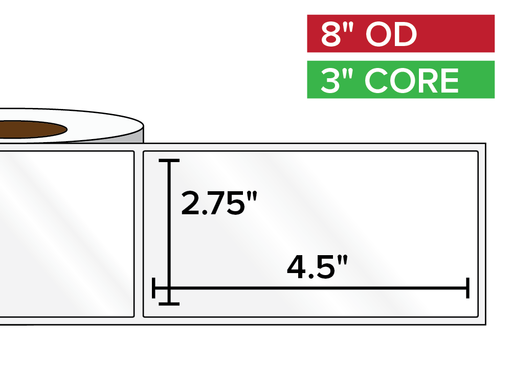 Rectangular Labels, High Gloss White Paper | 2.75 x 4.5 inches | 3 in. core, 8 in. outside diameter