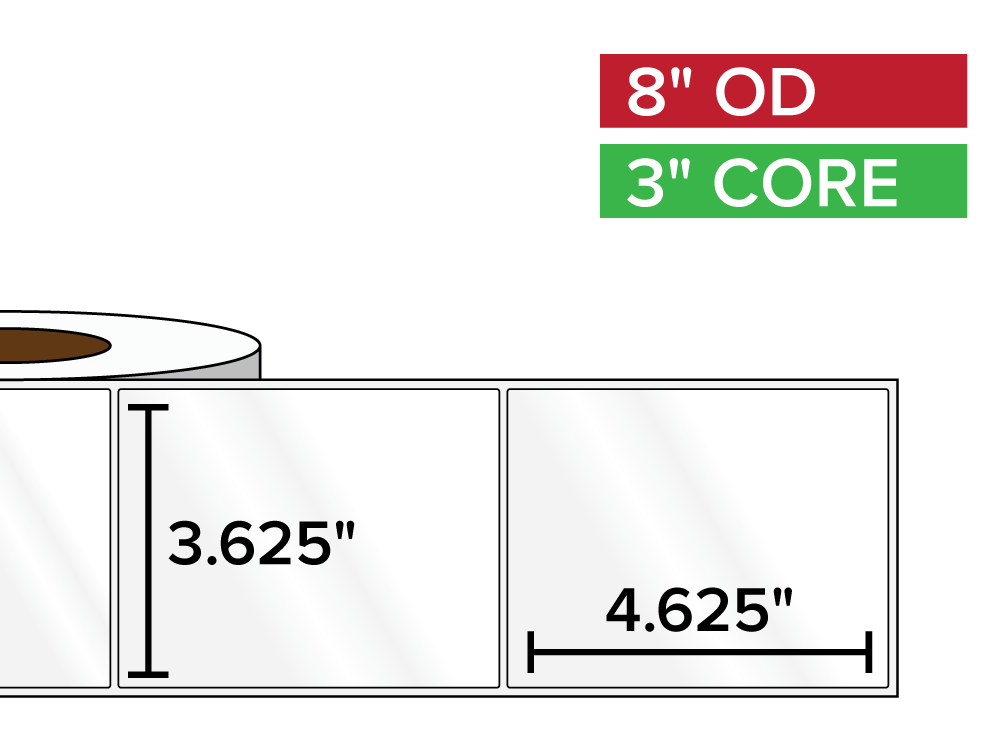 Rectangular Labels, High Gloss White Paper | 3.625 x 4.625 inches | 3 in. core, 8 in. outside diameter