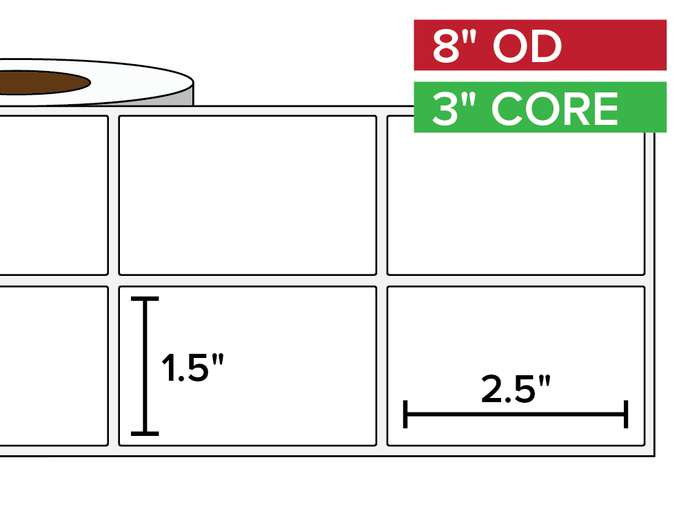 Rectangular Labels, Matte White Paper | 1.5 x 2.5 inches, 2-UP | 3 in. core, 8 in. outside diameter