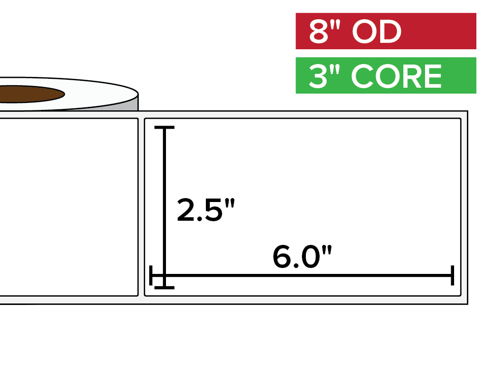 Rectangular Labels, Matte White Paper | 2.5 x 6 inches | 3 in. core, 8 in. outside diameter