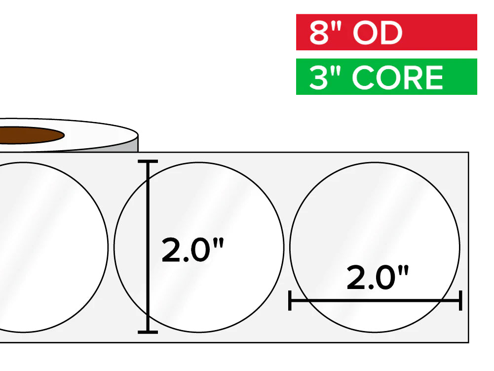 Circular Labels, High Gloss BOPP (poly) | 2 x 2 inches | 3 in. core, 8 in. outside diameter