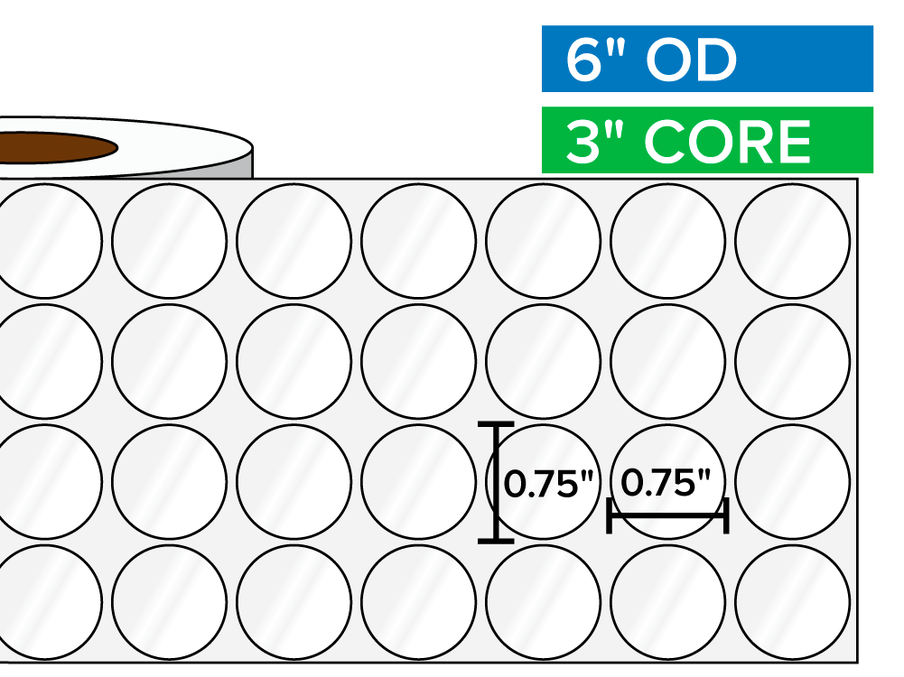Circular Labels, High Gloss BOPP (poly) | 0.75 x 0.75 inches, 4-UP | 3 in. core, 6 in. outside diameter-Afinia Label Store