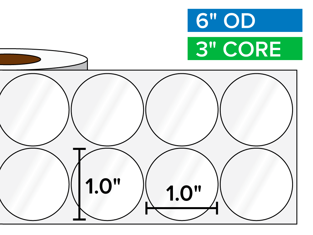 Circular Labels, High Gloss BOPP (poly) | 1 x 1 inches, 2-UP | 3 in. core, 6 in. outside diameter-Afinia Label Store