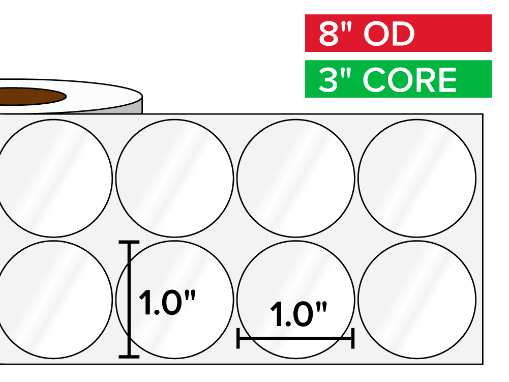 Circular Labels, High Gloss BOPP (poly) | 1 x 1 inches, 2-UP | 3 in. core, 8 in. outside diameter-Afinia Label Store