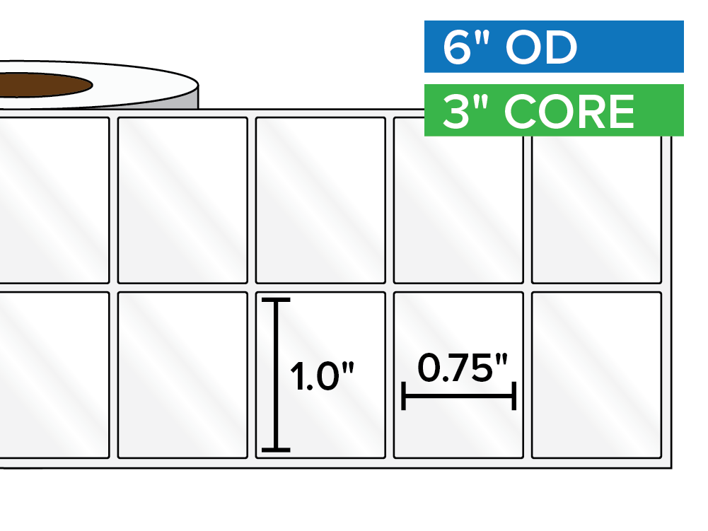 Rectangular Labels, High Gloss BOPP (poly) | 1 x 0.75 inches, 2-UP | 3 in. core, 6 in. outside diameter-Afinia Label Store