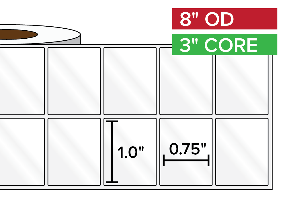 Rectangular Labels, High Gloss BOPP (poly) | 1 x 0.75 inches, 2-UP | 3 in. core, 8 in. outside diameter-Afinia Label Store