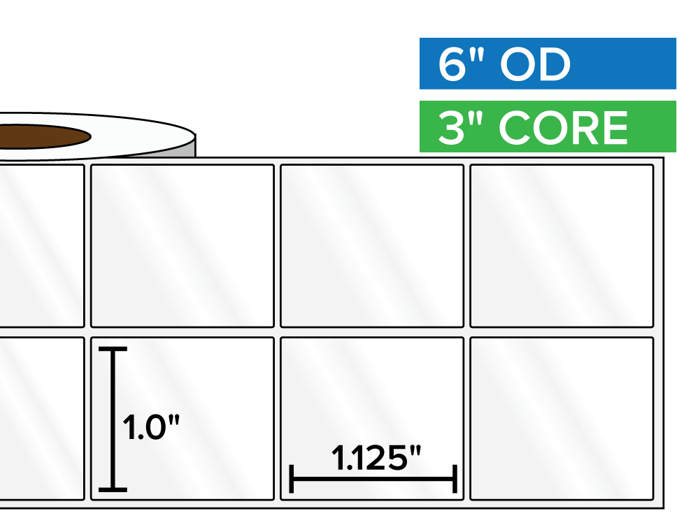 Rectangular Labels, High Gloss BOPP (poly) | 1 x 1.125 inches, 2-UP | 3 in. core, 6 in. outside diameter