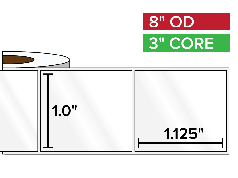 Rectangular Labels, High Gloss BOPP (poly) | 1 x 1.125 inches | 3 in. core, 8 in. outside diameter