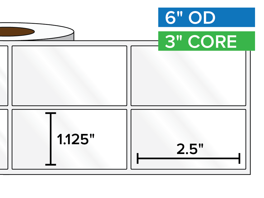 Rectangular Labels, High Gloss BOPP (poly) | 1.125 x 2.5 inches, 2-UP | 3 in. core, 6 in. outside diameter-Afinia Label Store