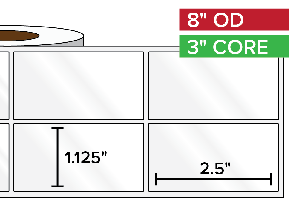 Rectangular Labels, High Gloss BOPP (poly) | 1.125 x 2.5 inches, 2-UP | 3 in. core, 8 in. outside diameter-Afinia Label Store