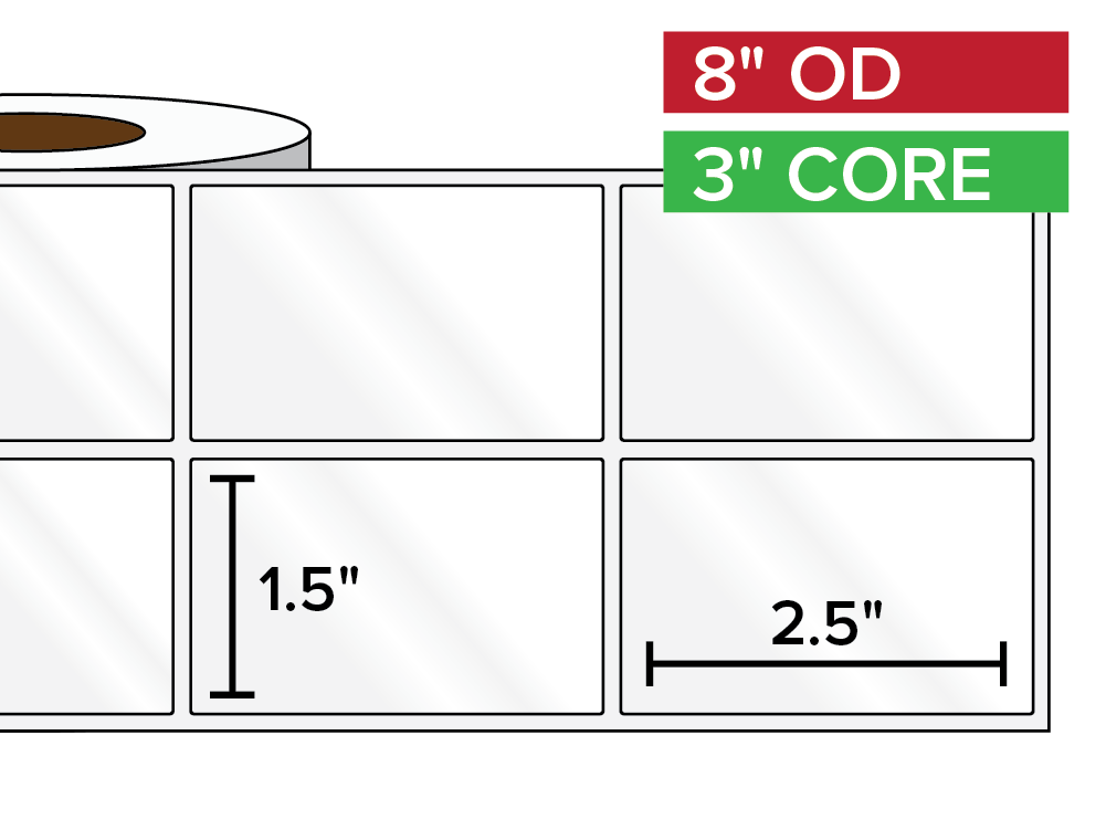 Rectangular Labels, High Gloss BOPP (poly) | 1.5 x 2.5 inches, 2-UP | 3 in. core, 8 in. outside diameter-Afinia Label Store