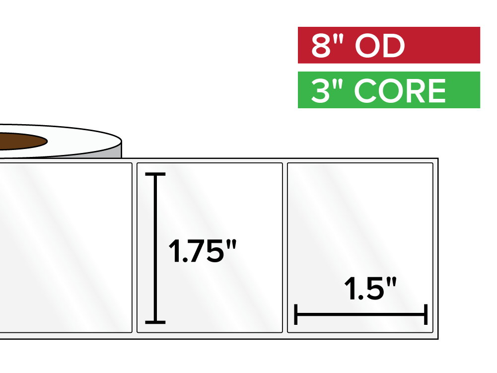Rectangular Labels, High Gloss BOPP (poly) | 1.75 x 1.5 inches | 3 in. core, 8 in. outside diameter
