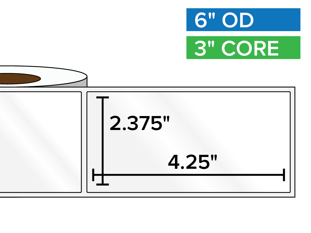 Rectangular Labels, High Gloss BOPP (poly) | 2.375 x 4.25 inches | 3 in. core, 6 in. outside diameter