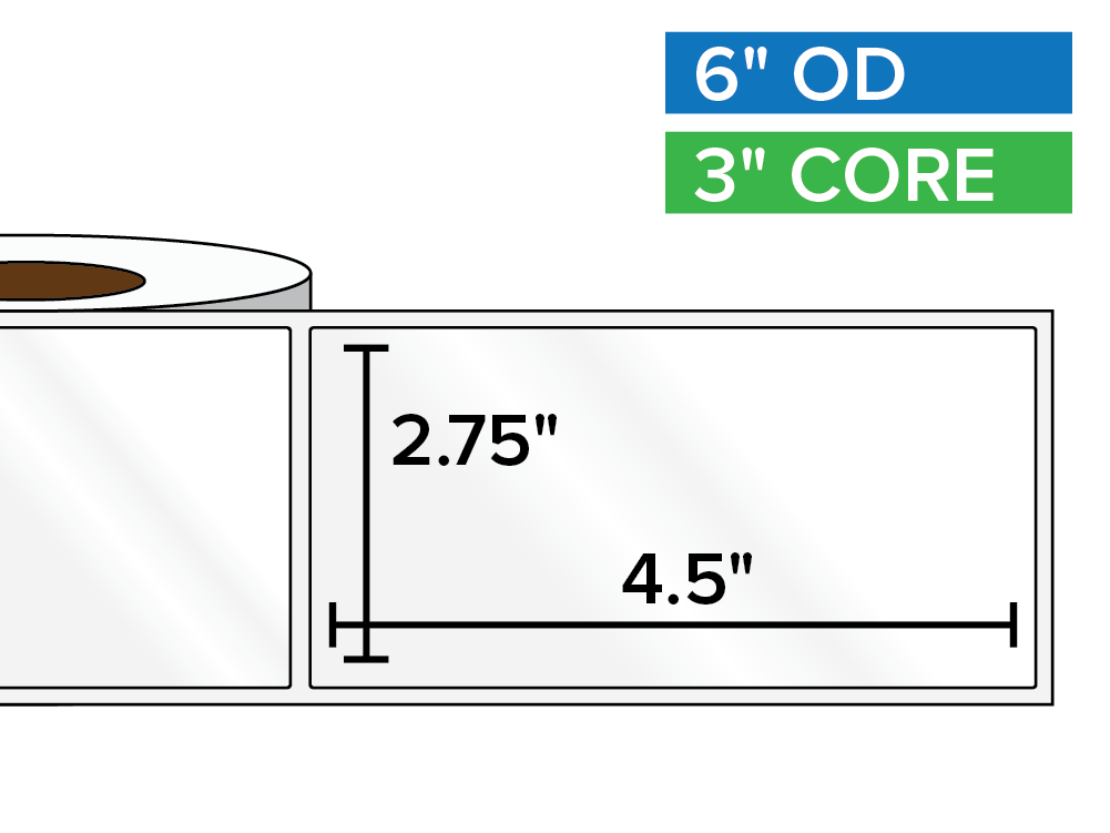Rectangular Labels, High Gloss BOPP (poly) | 2.75 x 4.5 inches | 3 in. core, 6 in. outside diameter