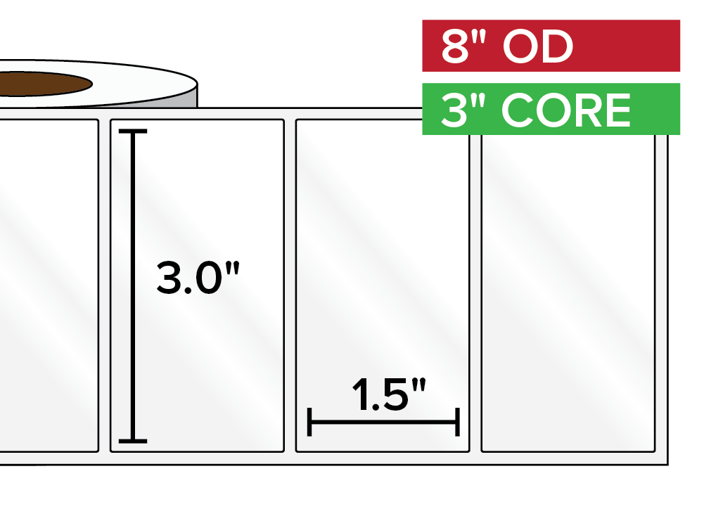 Rectangular Labels, High Gloss BOPP (poly) | 3 x 1.5 inches | 3 in. core, 8 in. outside diameter
