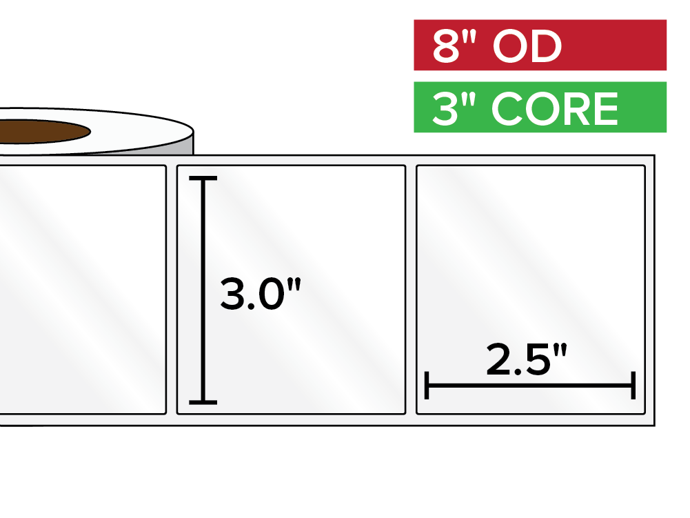 Rectangular Labels, High Gloss BOPP (poly) | 3 x 2.5 inches | 3 in. core, 8 in. outside diameter-Afinia Label Store