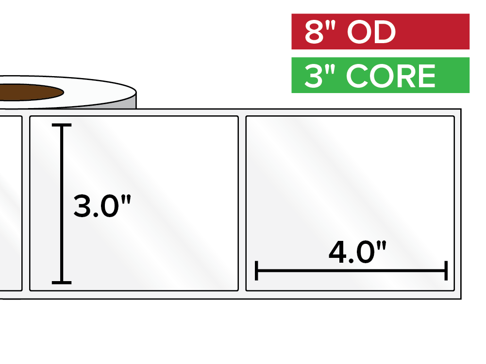 Rectangular Labels, High Gloss BOPP (poly) | 3 x 4 inches | 3 in. core, 8 in. outside diameter