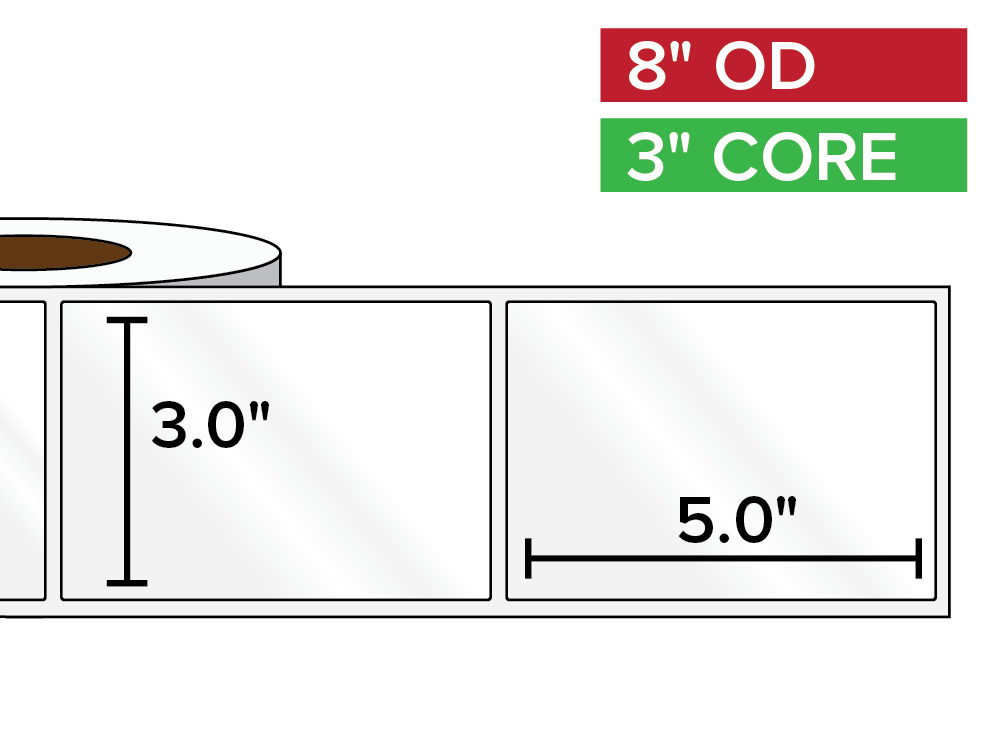 Rectangular Labels, High Gloss BOPP (poly) | 3 x 5 inches | 3 in. core, 8 in. outside diameter