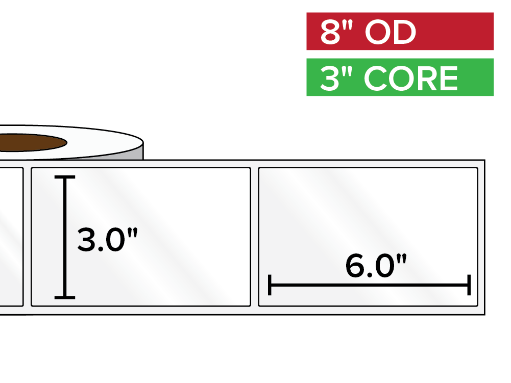Rectangular Labels, High Gloss BOPP (poly) | 3 x 6 inches | 3 in. core, 8 in. outside diameter