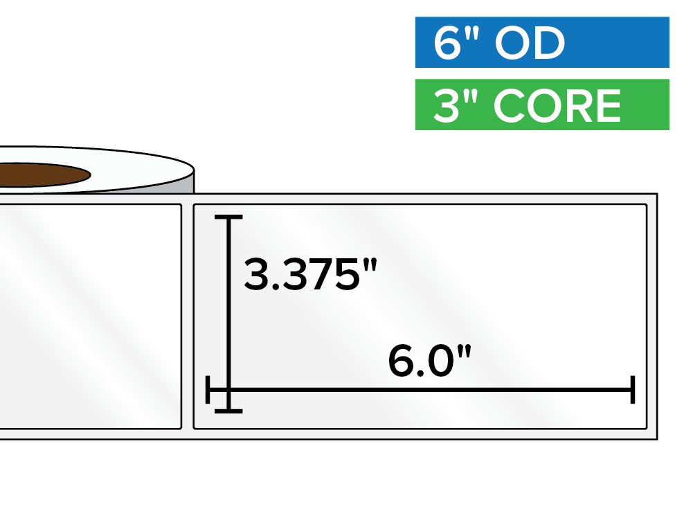 Rectangular Labels, High Gloss BOPP (poly) | 3.375 x 6 inches | 3 in. core, 6 in. outside diameter