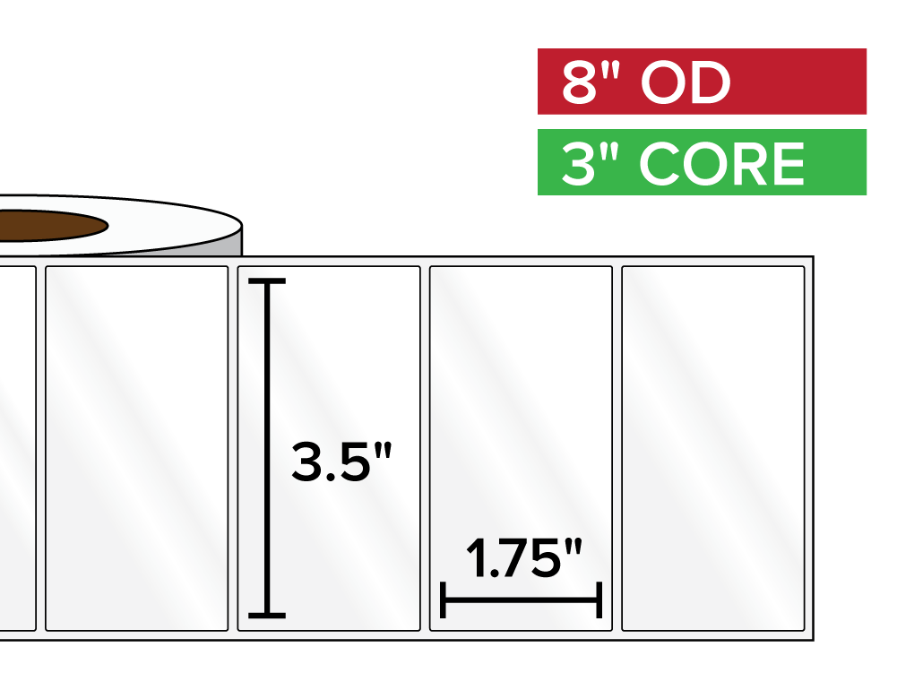 Rectangular Labels, High Gloss BOPP (poly) | 3.5 x 1.75 inches | 3 in. core, 8 in. outside diameter