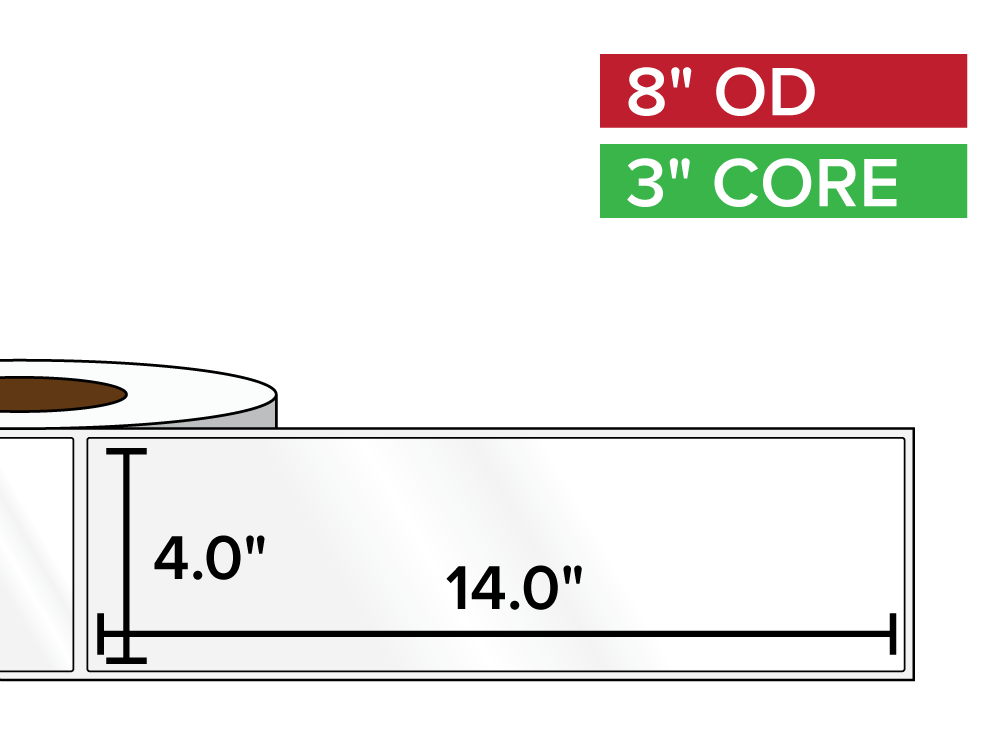 Rectangular Labels, High Gloss BOPP (poly) | 4 x 14 inches | 3 in. core, 8 in. outside diameter