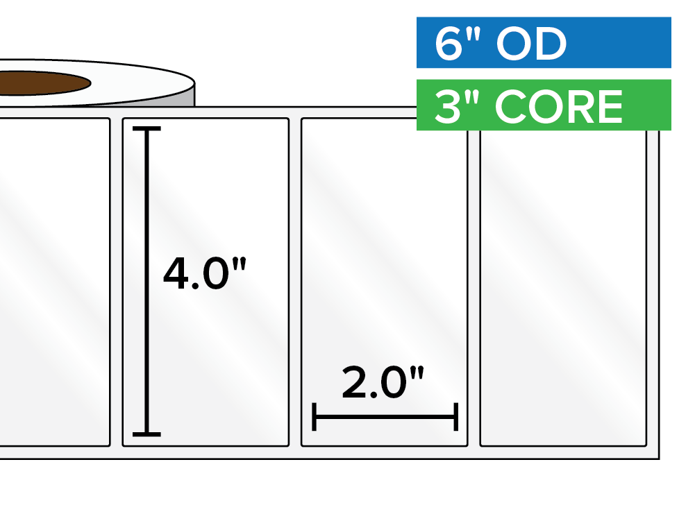 Rectangular Labels, High Gloss BOPP (poly) | 4 x 2 inches | 3 in. core, 6 in. outside diameter