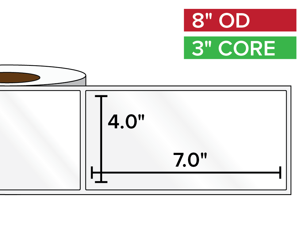 Rectangular Labels, High Gloss BOPP (poly) | 4 x 7 inches | 3 in. core, 8 in. outside diameter