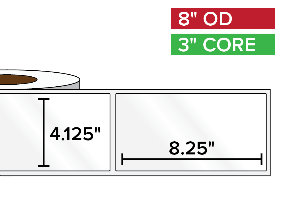 Rectangular Labels, High Gloss BOPP (poly) | 4.125 x 8.25 inches | 3 in. core, 8 in. outside diameter