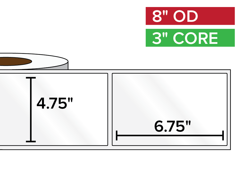 Rectangular Labels, High Gloss BOPP (poly) | 4.75 x 6.75 inches | 3 in. core, 8 in. outside diameter