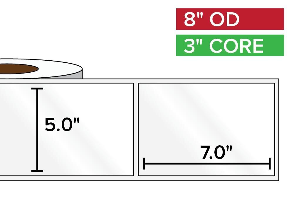 Rectangular Labels, High Gloss BOPP (poly) | 5 x 7 inches | 3 in. core, 8 in. outside diameter