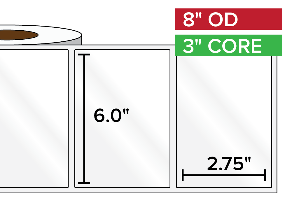 Rectangular Labels, High Gloss BOPP (poly) | 6 x 2.75 inches | 3 in. core, 8 in. outside diameter